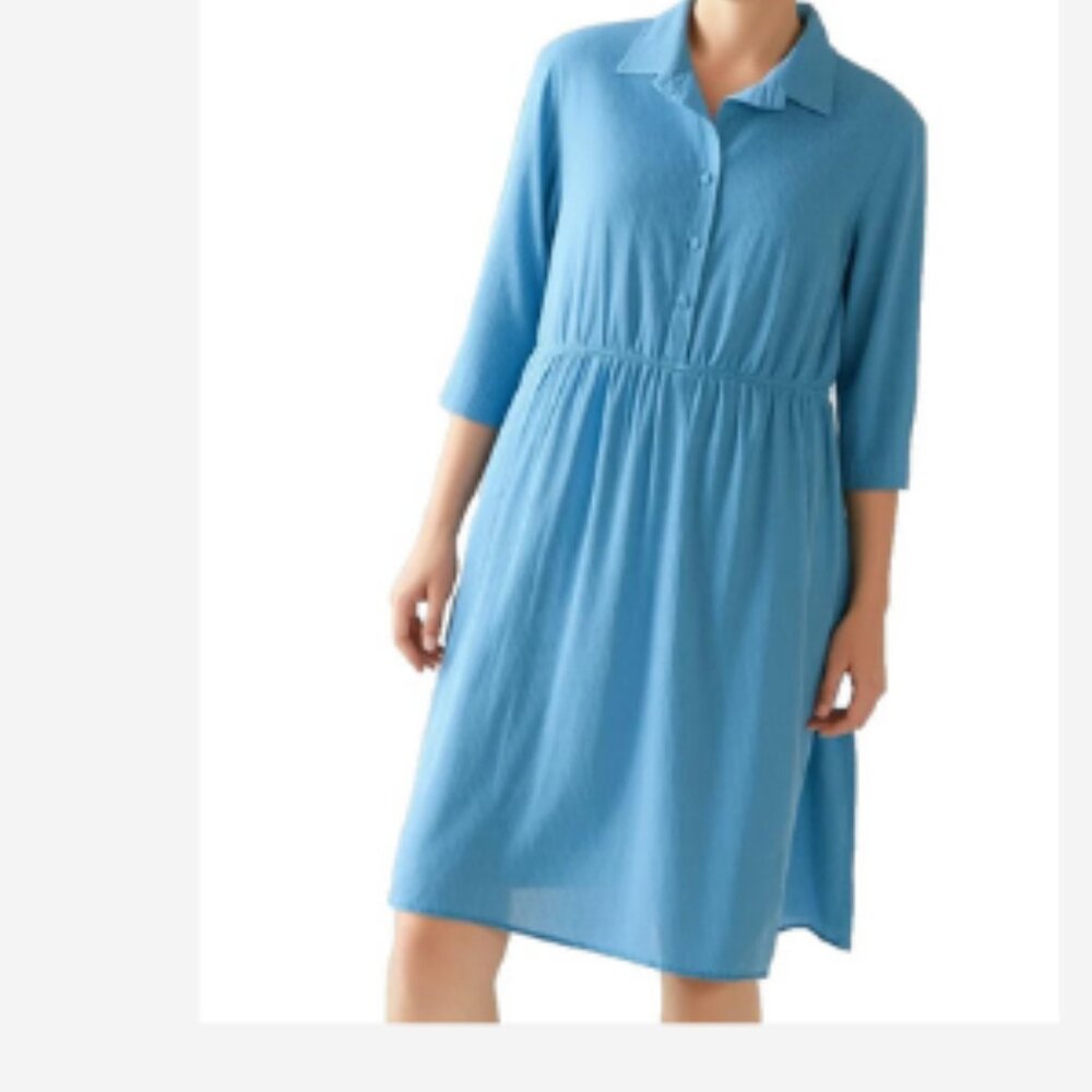 American Shirt Dress Women's Size 2X Blue Elastic Waist 1/2 Button Up 3/4 Sleeve